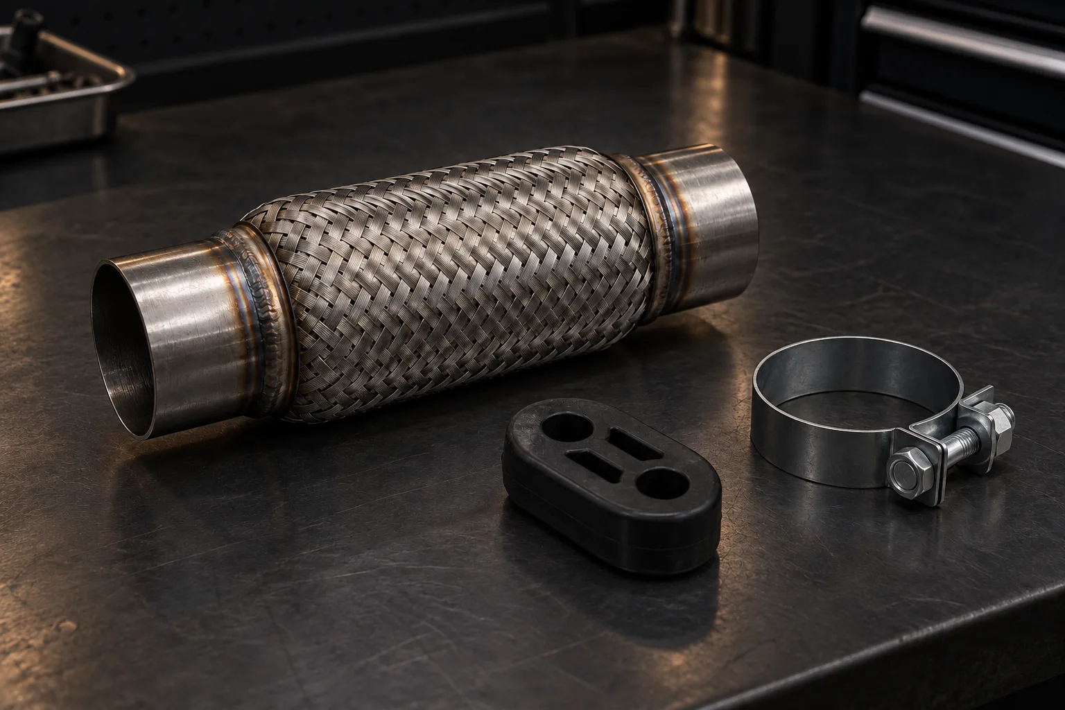 Braided exhaust flexi joint, rubber hanger and metal band clamp on a dark workshop bench.