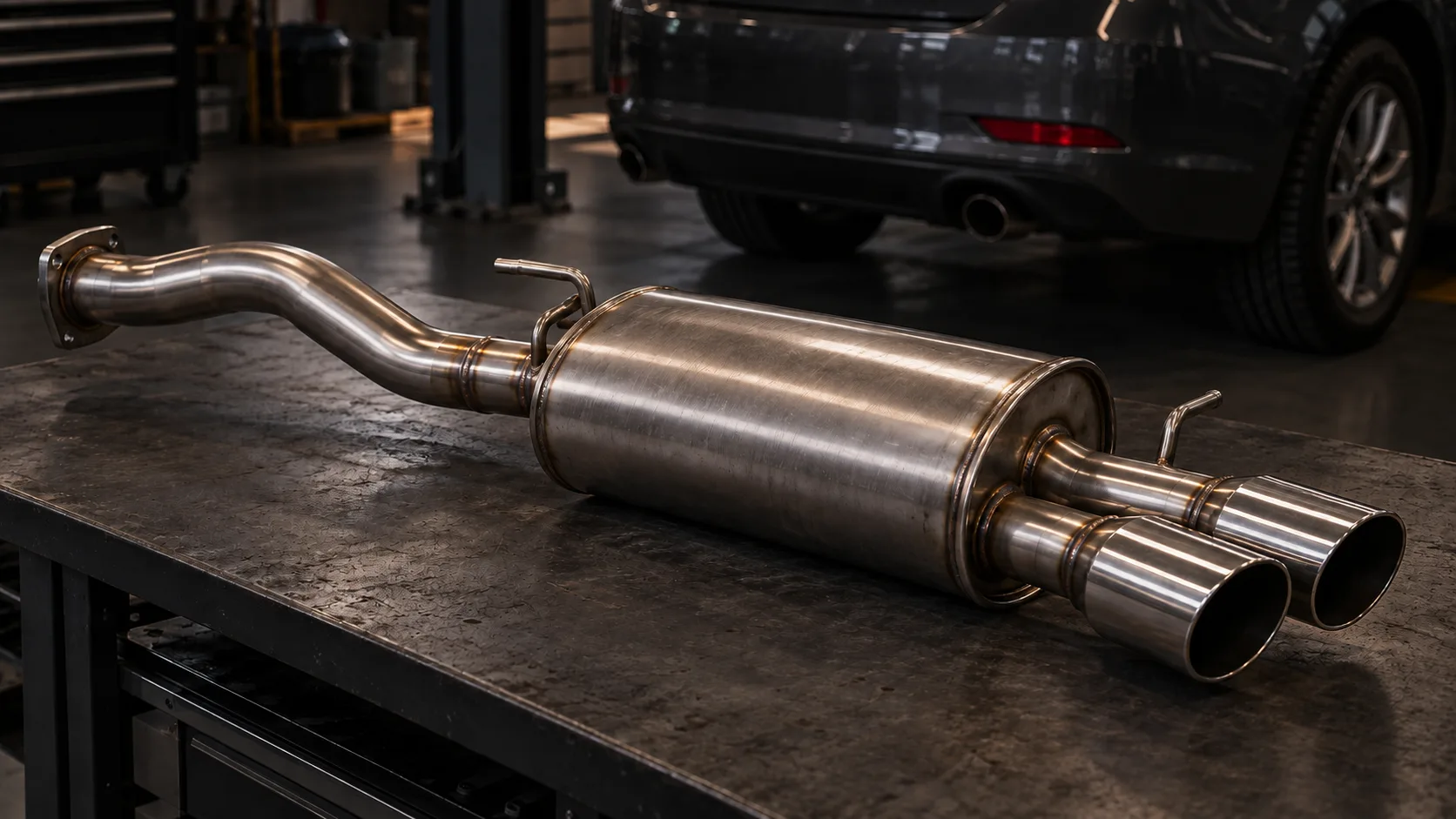 Stainless steel rear silencer and twin tailpipes on a dark workshop bench beside a graphite car.