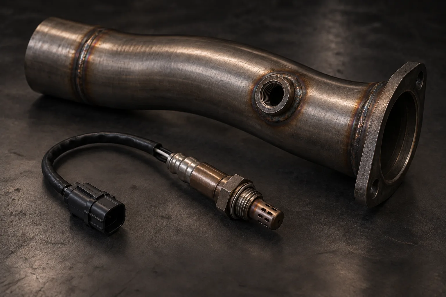 Detached lambda sensor beside a stainless steel exhaust tube on a dark bench, showing its threaded mounting point.
