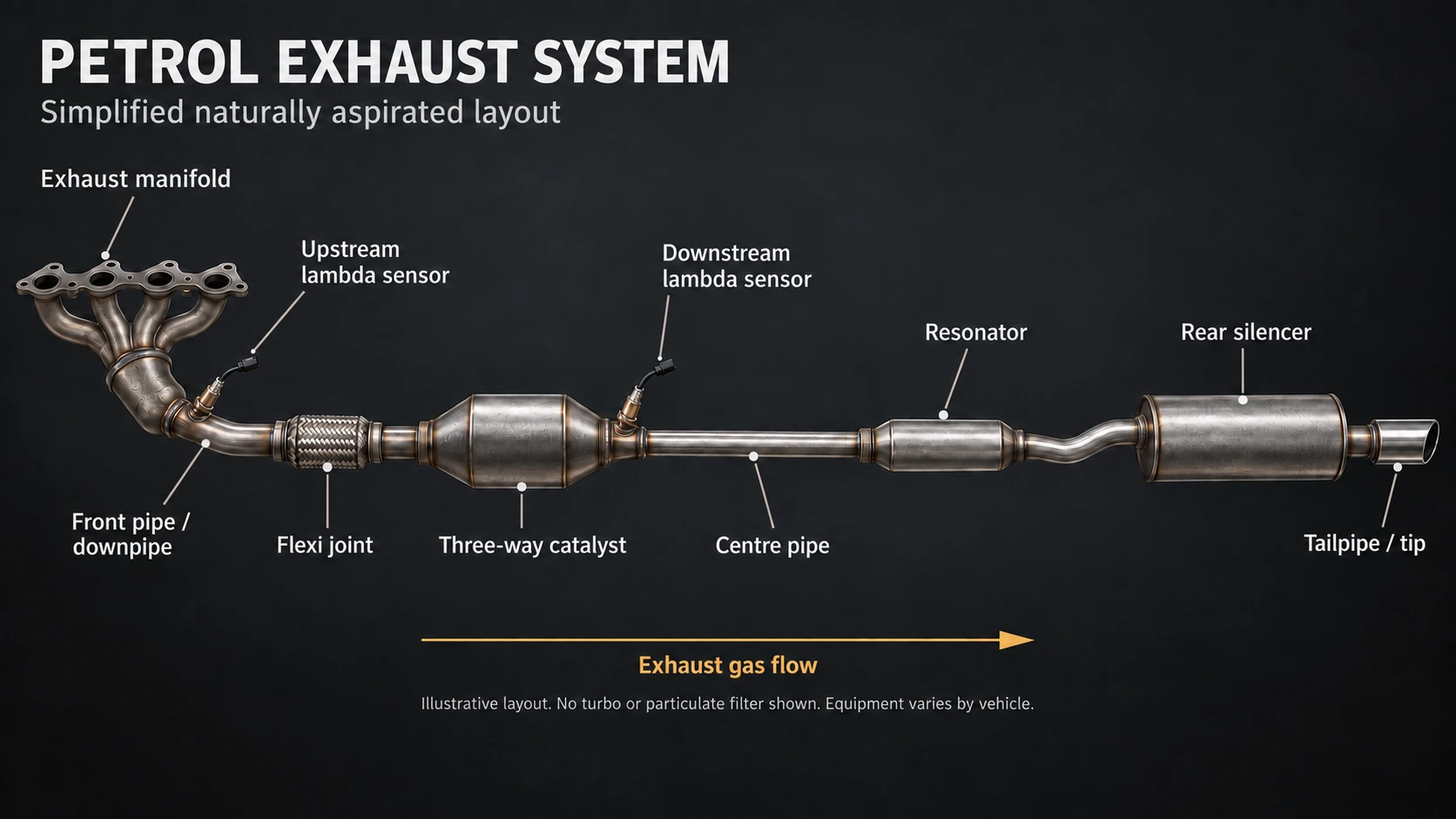 Petrol exhaust diagram labelling the front pipe/downpipe, manifold, sensors, flexi joint, catalyst, resonator, silencer and tailpipe.