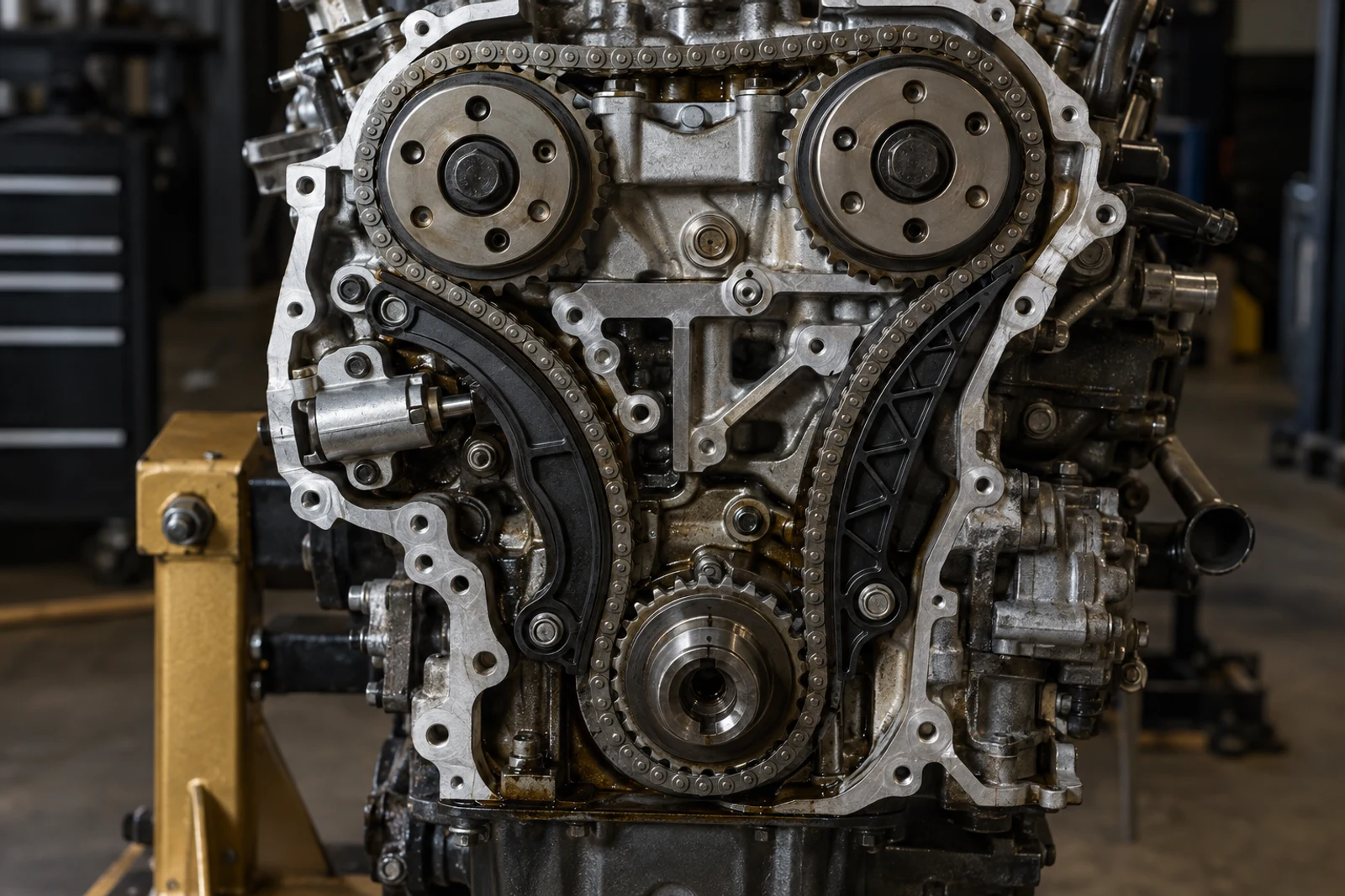 Timing chain running around camshaft and crankshaft sprockets with guide rails and tensioner.
